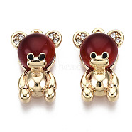 Brass Micro Pave Cubic Zirconia Charms, with Enamel and Resin Imitation Cat Eye, Nickel Free, Real 18K Gold Plated, Bear, Dark Red, 13x8.5x5mm, Hole: 0.9mm(KK-N231-148-NF)