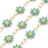 Handmade Brass Enamel Link Chains, with Spool, Soldered, Long-Lasting Plated, Golden, Daisy, Dark Turquoise, 12.5x7.5x2mm, about 32.8 Feet(10m)/roll(CHC-I035-13G-03)