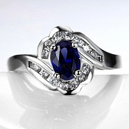 Oval Brass Glass Finger Rings, Micro Pave Clear Cubic Zirconia, Dark Blue, Platinum, US Size 6(16.5mm)(RJEW-BB64477)