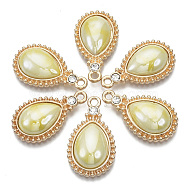 Porcelain Pendants, with Light Gold Plated Brass Findings and Crystal Rhinestone, Teardrop, Light Yellow, 24x14x5mm, Hole: 1.8mm(KK-N235-040E)