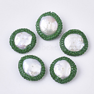 Polymer Clay Rhinestone Beads, with Natural Cultured Freshwater Pearl, Flat Round, Green, 19~22x19~21x5~8mm, Hole: 0.7mm(X-RB-S055-41E)