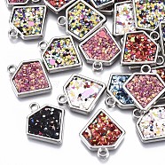 UV Plating Acrylic Pendants, with Imitation Leather inlaid Glitter Sequins/Paillette, Mixed Color, Diamond, Platinum, 20x18x2.5mm, Hole: 1.8mm(PACR-R245-07P)