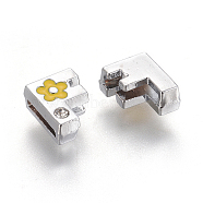 Alloy Rhinestone Slide Charms, with Enamel, Letter.F with Yellow Flower, Platinum Metal Color, 8.5x10.5x4.5mm, Hole: 2x8mm(X-ALRI-F003-04F)