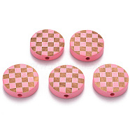 Painted Natural Wood Beads, Laser Engraved Pattern, Flat Round with Grid Pattern, Pearl Pink, 15x5mm, Hole: 1.8mm(WOOD-N006-04H)