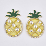 Epoxy Resin Cabochons, with ABS Plastic Imitation Pearl and Light Gold Plated Brass Open Back Bezel, Pineapple, Yellow, 37x23x5.5mm(RESI-N019-10)