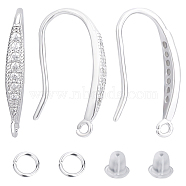 2 Pairs Rhodium Plated 925 Sterling Silver Earring Hooks, Ear Wire with 925 Stamp, with Cubic Zirconia & 10Pcs Plastic Ear Nuts & 10Pcs Brass Jump Rings, Real Platinum Plated, 20 Gauge, 15x2.5x1.5mm, Hole: 1mm, Pin: 0.8mm(DIY-CN0002-87)