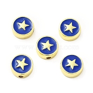 Brass Enamel Beads, Flat Round with Star, Golden, Blue, 10.8x4.6mm, Hole: 2mm(KK-E068-VB454-1)