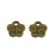 Tibetan Style Alloy Flower Charms, with Words Hand Made, Cadmium Free & Nickel Free & Lead Free, Antique Bronze, 8x8.5x1mm, Hole: 1.5mm, about 3448pcs/1000g(TIBEP-Q040-003AB-NR)