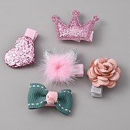 Cute Cat/Bowknot/Heart/Crown/Flower Polyester Alligator Hair Clips Set, with Iron Finding, for Girls, Mixed Color, 32x44x10mm, 5pcs/set(OHAR-WH0021-26)