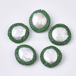 Polymer Clay Rhinestone Beads, with Natural Cultured Freshwater Pearl, Flat Round, Green, 19~22x19~21x5~8mm, Hole: 0.7mm(X-RB-S055-41E)