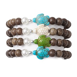 Synthetic Howlite & Turquoise Beaded Stretch Bracelets, with ABS Plastic Imitation Pearl Round Beads & Wood Beads, Sea Turtle, Inner Diameter: 2 inch(5cm)(BJEW-JB111343)