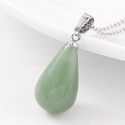 Teardrop Platinum Tone Brass Green Aventurine Pendants, 24~26x13mm, Hole: 5x8mm(G-F267-04C)