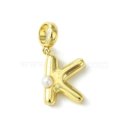 Rack Plating Brass with ABS Plastic Pearl European Dangle Charms, Large Hole Pendants, Long-Lasting Plated, Lead Free & Cadmium Free, Real 18K Gold Plated, Letter K, 23mm long, hole: 5mm, pendant: 15x11x5mm(KK-G501-02K-G)