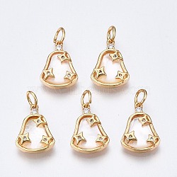 Brass Micro Pave Clear Cubic Zirconia Pendants, White Sea Shell, with Jump Rings, Nickel Free, Real 18K Gold Plated, Bell with Star, White, 17.5x10.5x4mm, Jump Ring: 5x0.8mm, 3mm inner diameter(KK-Q277-016-NF)