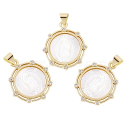 3Pcs Eco-friendly Brass Micro Pave Clear Cubic Zirconia Pendants, with Natural Shell, Long-Lasting Plated, Real 18K Gold Plated, Cadmium Free & Lead Free, Flat Round, Floral White, 24.5x21x3mm, Hole: 4.5x3.6mm(KK-SZ0005-57)