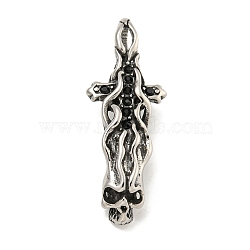 316 Surgical Stainless Steel Pendants, with Rhinestone, Cross with Skull Charm, Antique Silver, 41x15.5x8.5mm, Hole: 6x4.1mm(STAS-E212-134AS)