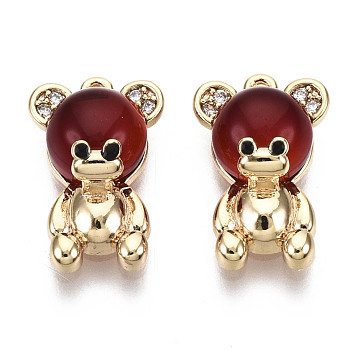 Brass Micro Pave Cubic Zirconia Charms, with Enamel and Resin Imitation Cat Eye, Nickel Free, Real 18K Gold Plated, Bear, Dark Red, 13x8.5x5mm, Hole: 0.9mm