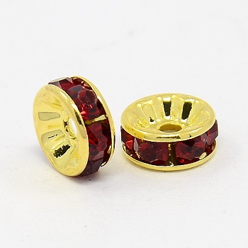 Brass Grade A Rhinestone Spacer Beads, Golden Plated, Rondelle, Nickel Free, Siam, 5x2.5mm, Hole: 1mm
