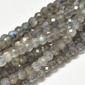 Faceted Round Natural Labradorite Bead Strands, 4mm, Hole: 0.5mm, about 98pcs/strand, 15.5 inch