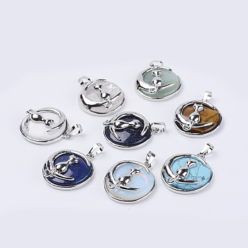 Natural & Synthetic Mixed Stone Kitten Pendants, with Platinum Tone Brass Findings, Flat Round with Cat & Crescent Moon Shape, 32x27x9mm, Hole: 4.5x8mm
