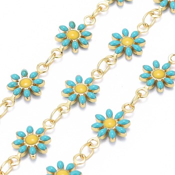 Handmade Brass Enamel Link Chains, with Spool, Soldered, Long-Lasting Plated, Golden, Daisy, Dark Turquoise, 12.5x7.5x2mm, about 32.8 Feet(10m)/roll