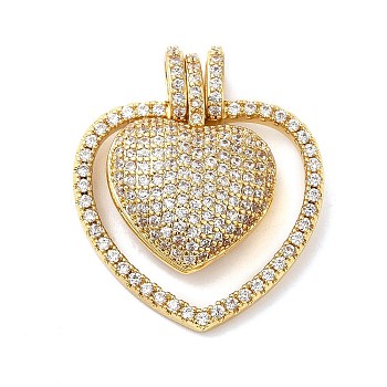 Brass Micro Pave Cubic Zirconia Pendants, Lead Free & Cadmium Free, Long-Lasting Plated, Heart, Real 18K Gold Plated, 26.5x24x6.5mm, Hole: 4x2.7mm