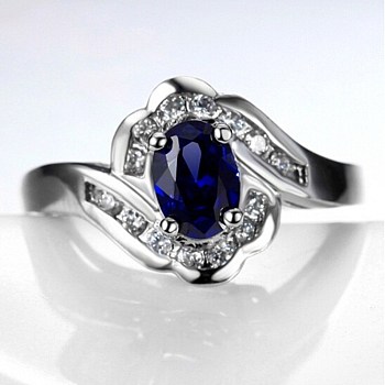 Oval Brass Glass Finger Rings, Micro Pave Clear Cubic Zirconia, Dark Blue, Platinum, US Size 6(16.5mm)