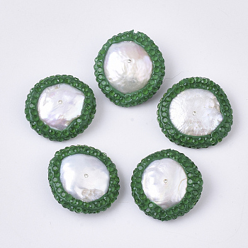 Polymer Clay Rhinestone Beads, with Natural Cultured Freshwater Pearl, Flat Round, Green, 19~22x19~21x5~8mm, Hole: 0.7mm