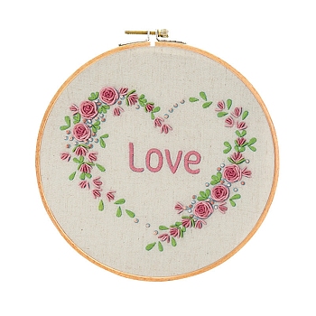 Embroidery Starter Kits, including Embroidery Fabric & Thread, Needle, Instruction Sheet, Love Heart & Rose for Valentine's Day, Word, 270x270mm