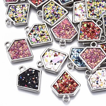 UV Plating Acrylic Pendants, with Imitation Leather inlaid Glitter Sequins/Paillette, Mixed Color, Diamond, Platinum, 20x18x2.5mm, Hole: 1.8mm