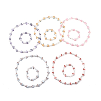 Cute Polymer Clay & ABS Plastic Pearl Beaded Necklace & Stretch Bracelet, Jewelry Set for Kids, Mixed Color, Inner Diameter: 1-3/4~1-7/8 inch(4.35~4.7cm), Inner Diameter: 5-1/8 inch(13.15cm), 2Pcs/set
