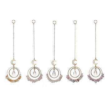 Glass Teardrop Window Hanging Suncatchers, Natural Gemstone Chips & Brass Moon Pendants Decorations Ornaments, 182~185mm