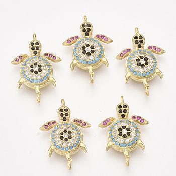 Brass Micro Pave Cubic Zirconia Links, Turtle, Colorful, Golden, 21x14x3.5mm, Hole: 1.2mm