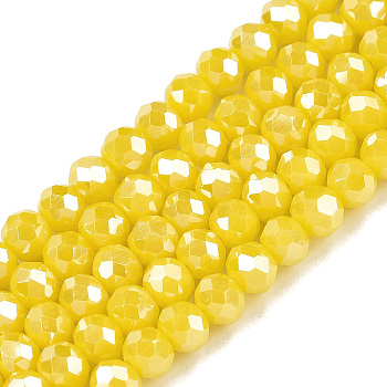 Electroplate Glass Beads Strands, Opaque Solid Color, AB Color Plated, Faceted, Rondelle, Yellow, 3.5~3.8x3mm, Hole: 0.4mm, about 113~115pcs/strand, 32.5~33cm