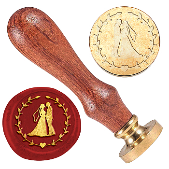 Wax Seal Stamp Set, 1Pc Wedding Theme Golden Tone Sealing Wax Stamp Solid Brass Head, with 1Pc Wood Handle, for Envelopes Invitations, Gift Card, Bride & Bridegroom, 83x22mm, Head: 7.5mm, Stamps: 25x14.5mm