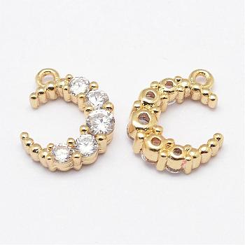 Brass Micro Pave Grade AAA Cubic Zirconia Charms, Moon, Lead Free & Nickel Free & Cadmium Free, Real 18K Gold Plated, 12x10x3mm, Hole: 1mm