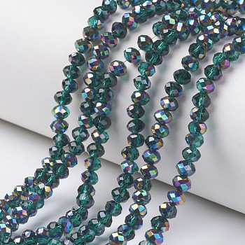 Electroplate Transparent Glass Beads Strands, Half Multi-color Plated, Faceted, Rondelle, Green, 4x3mm, Hole: 0.4mm, about 130pcs/strand, 16.54 inch(42cm)