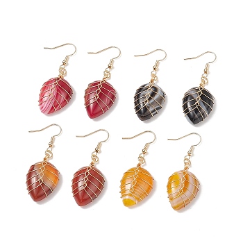 4 Pairs 4 Color Natural Dyed Banded Agate/Striped Agate Teardrop Dangle Earrings, Brass Wire Wrap Drop Earrings for Women, Mixed Color, 50~50.5mm, Pin: 0.8mm, 1 Pair/color