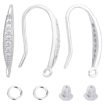 2 Pairs Rhodium Plated 925 Sterling Silver Earring Hooks, Ear Wire with 925 Stamp, with Cubic Zirconia & 10Pcs Plastic Ear Nuts & 10Pcs Brass Jump Rings, Real Platinum Plated, 20 Gauge, 15x2.5x1.5mm, Hole: 1mm, Pin: 0.8mm