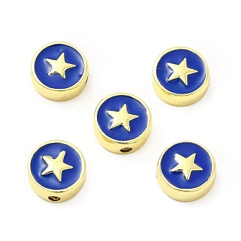 Brass Enamel Beads, Flat Round with Star, Golden, Blue, 10.8x4.6mm, Hole: 2mm