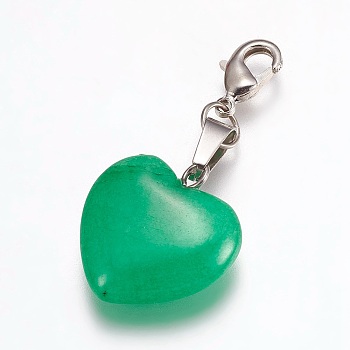 Heart Natural Malaysia Jade Pendant Decorations, with Brass Lobster Claw Clasps and Iron Ring, 43mm