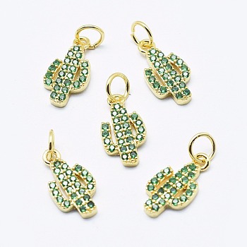 Brass Cubic Zirconia Charms, Cadmium Free & Nickel Free & Lead Free, Cactus, Green, Golden, 14x7.5x2mm, Hole: 3mm