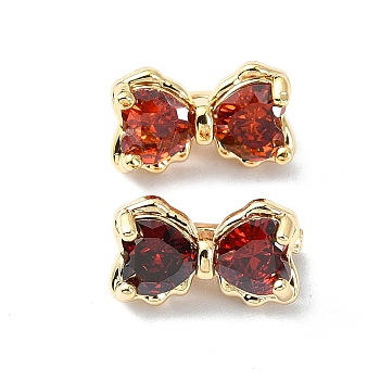 Brass Pave Cubic Zirconia Multi-Strand Links, 3-Hole, Bowknot, Real 18K Gold Plated, Orange Red, 7x12x7mm, Hole: 1.2mm