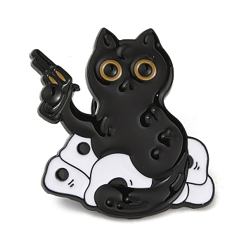 Cat with Gun Enamel Pin, Alloy Brooch for Backpack Clothes, Electrophoresis Black, 30x29.5x1.5mm