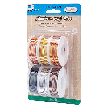 BENECREAT Round Aluminum Wire, Mixed Color, 15 Gauge, 1.5mm, 10m/roll, 6 colors, 1roll/color, 6rolls/set