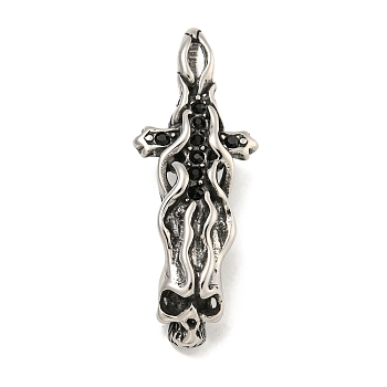 316 Surgical Stainless Steel Pendants, with Rhinestone, Cross with Skull Charm, Antique Silver, 41x15.5x8.5mm, Hole: 6x4.1mm