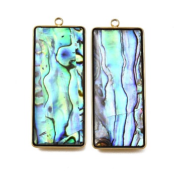 304 Stainless Steel Pave Natural Paua Shell Pendants, Ion Plating(IP), Real 18K Gold Plated, Rectangle, 43x17x3.5mm, Hole: 1.8mm