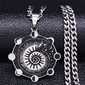 304 Stainless Steel Enamel Pendant Necklace, Moon Phase with Shell Shape, Stainless Steel Color, 19.09 inch(48.5cm)