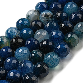 Faceted Natural Dragon Veins Agate Beads Strands, Round, Dyed & Heated, Prussian Blue, 12mm, Hole: 1.6mm, about 31pcs/strand, 14.76''(37.5cm)