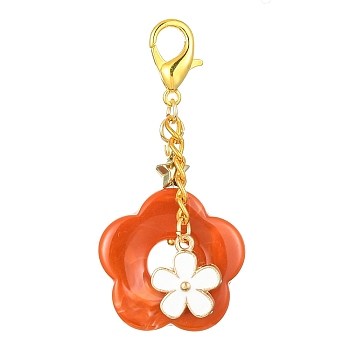 Acrylic Flower Pendants Decorations, Alloy Enamel and Alloy Lobster Claw Clasps Charms, Orange Red, 356mm